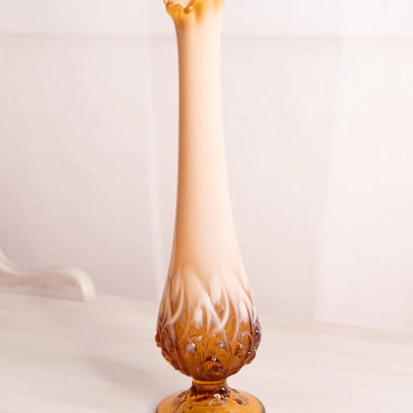 Vintage Fenton Amber Opalescent Glass Footed Lily of The Valley Vase - Picture 2 of 4